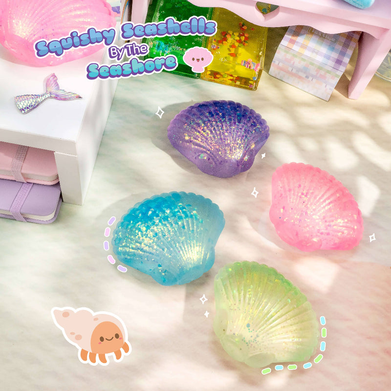 Four glittery squishy seashells in purple, blue, pink, and green on pastel surface