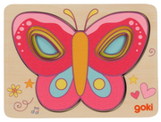 Goki wooden layer butterfly puzzle with colorful pink and teal stacked pieces on plain background