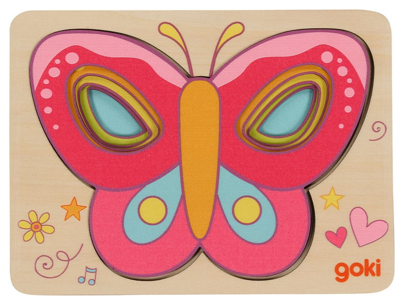 Goki wooden layer butterfly puzzle with colorful pink and teal stacked pieces on plain background