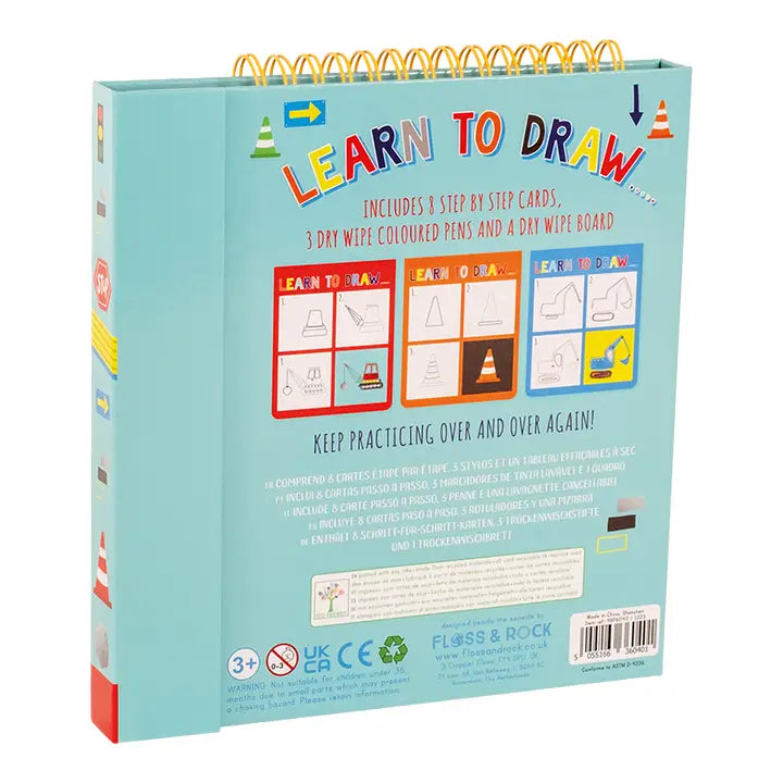 Floss & Rock Learn to Draw construction themed spiral bound drawing kit with step-by-step cards
