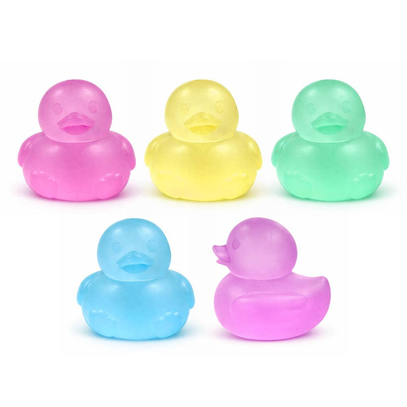 Five colorful translucent rubber ducks in pink, yellow, green, blue, and purple