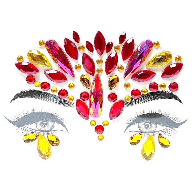 Colorful face gems with red pink yellow jewels arranged around illustrated eyes