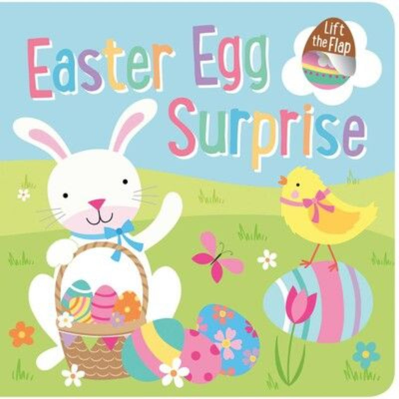 Easter Egg Surprise lift the flap children's book cover with bunny and Easter eggs.