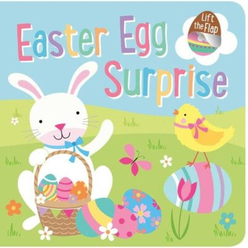 Easter Egg Surprise lift the flap children's book cover with bunny and Easter eggs.