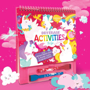 Unicorn Fantasy dry erase activities spiral book with markers on pink magical background