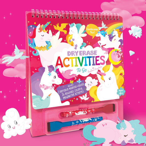 Unicorn Fantasy dry erase activities spiral book with markers on pink magical background