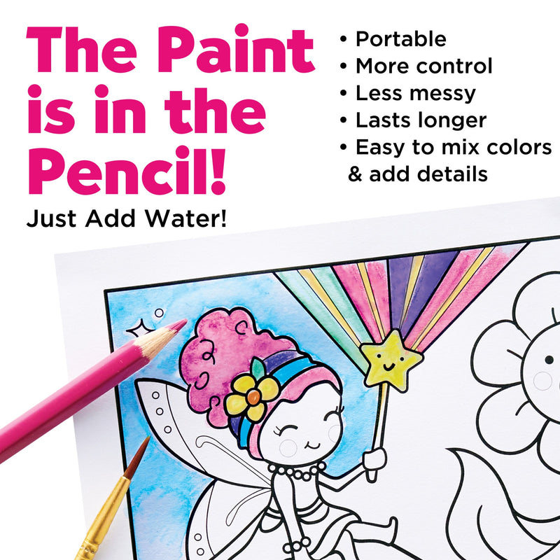 Faber-Castell watercolor pencil coloring page showing fairy character with rainbow and partial coloring