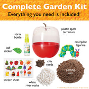 Complete garden kit with apple terrarium, caterpillar figurine, seeds, and accessories