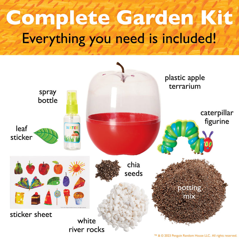 Complete garden kit with apple terrarium, caterpillar figurine, seeds, and accessories