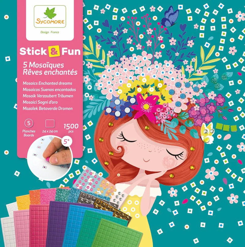 Sycomore Stick & Fun mosaic craft kit with enchanted dreams theme featuring colorful stickers