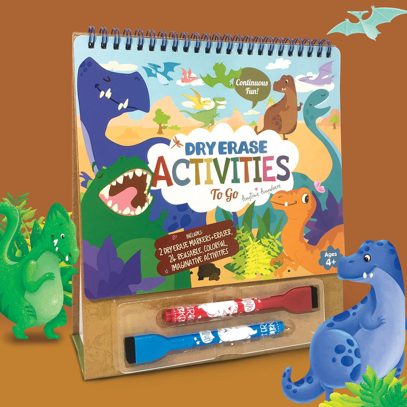 Dinosaur themed dry erase activity book with markers and toy dinosaurs in styled setting