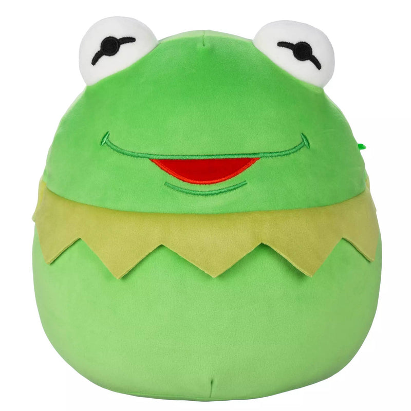 Green plush frog stuffed animal with white eyes and yellow collar detail