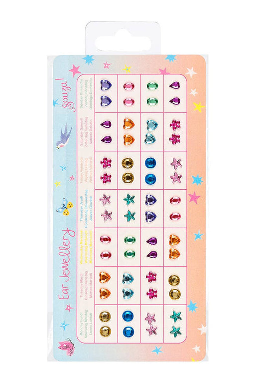 Colorful ear jewellery sticker sheet with various gem designs and star decorations