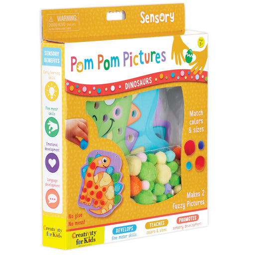 Pom Pom Pictures Dinosaurs sensory craft kit packaging with colorful pom poms visible