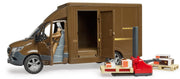 Bruder Toys UPS Mercedes-Benz Sprinter truck with pallet jack, driver figure, and packages