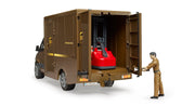 Bruder UPS Sprinter toy truck with red pallet jack and driver figure on white background