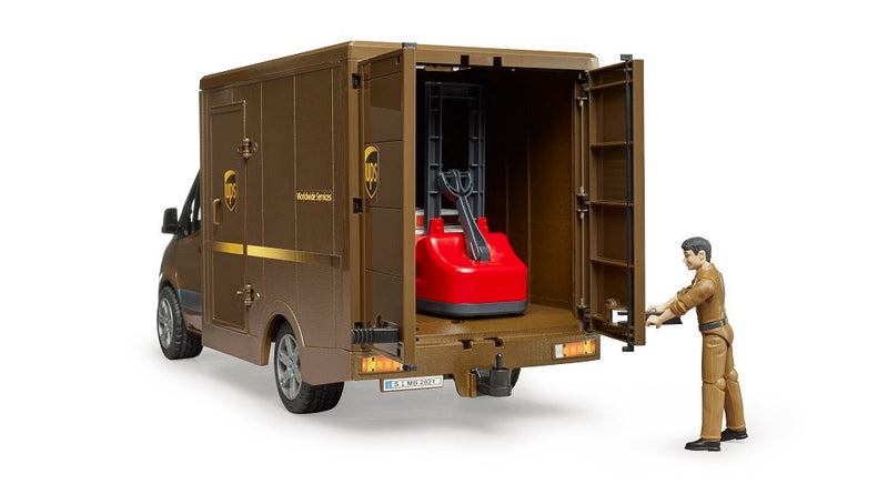 Bruder UPS Sprinter toy truck with red pallet jack and driver figure on white background