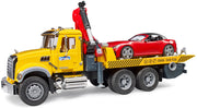 Bruder MACK Granite yellow tow truck with red roadster on flatbed platform