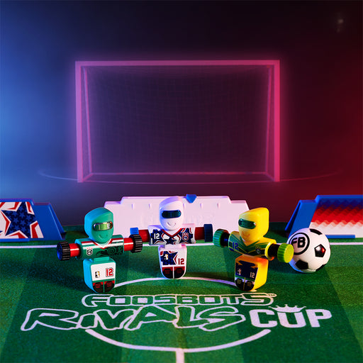 Foosbots Rivals Cup soccer robots on green field with neon goal backdrop