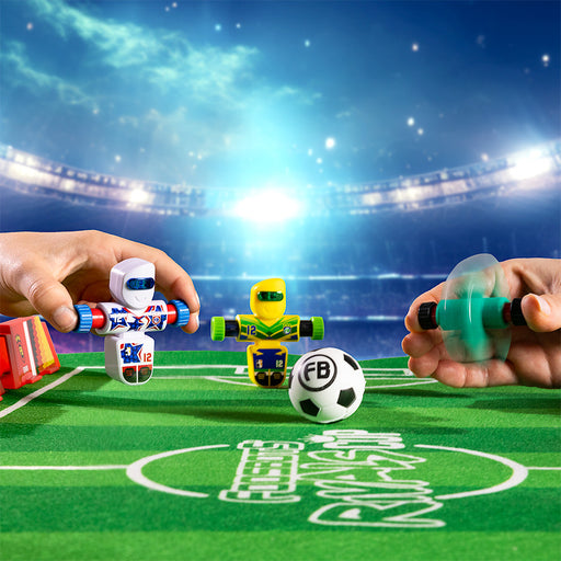 Two players control robot figurines on a miniature soccer field with Foosbots Rivals Cup game