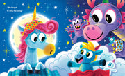 Interior spread of Unicorn Night children's book featuring colorful unicorns and dragons at night