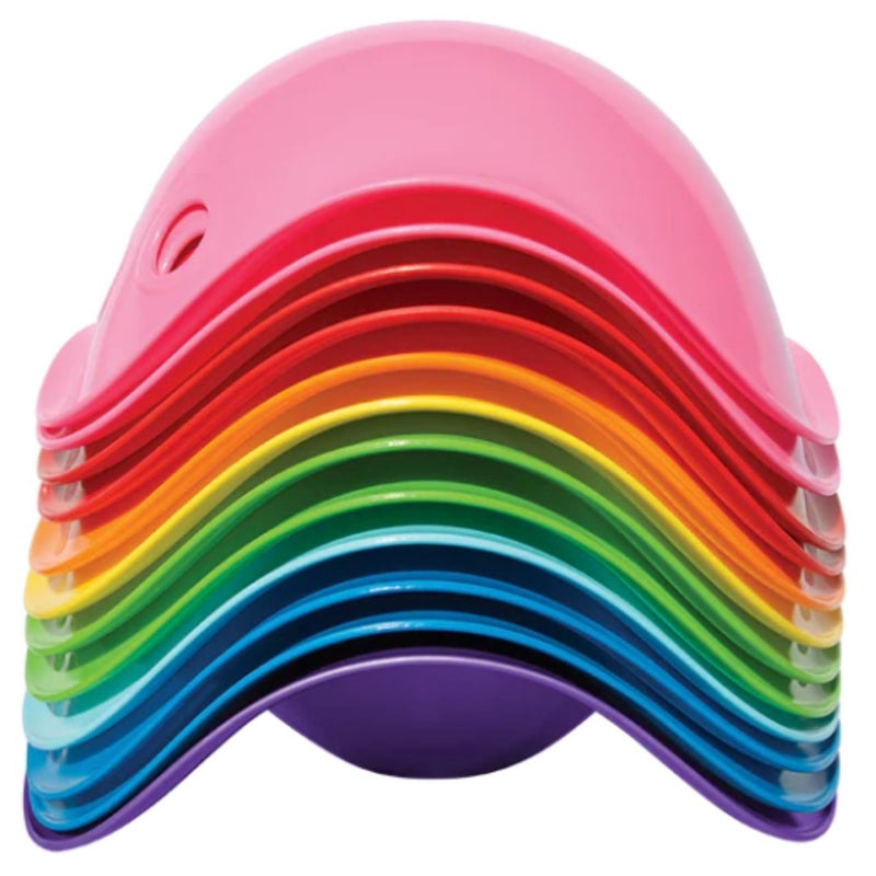 Stack of rainbow colored Bilibo shells nested together showing full color spectrum