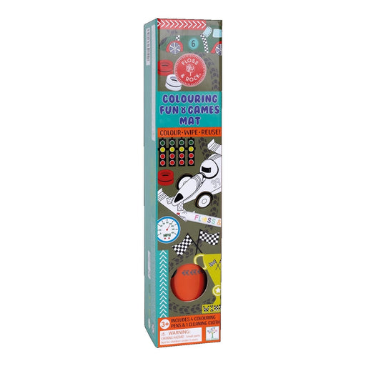 Floss & Rock Cars Colouring Fun & Games Mat packaging showing racing theme with reusable coloring features.
