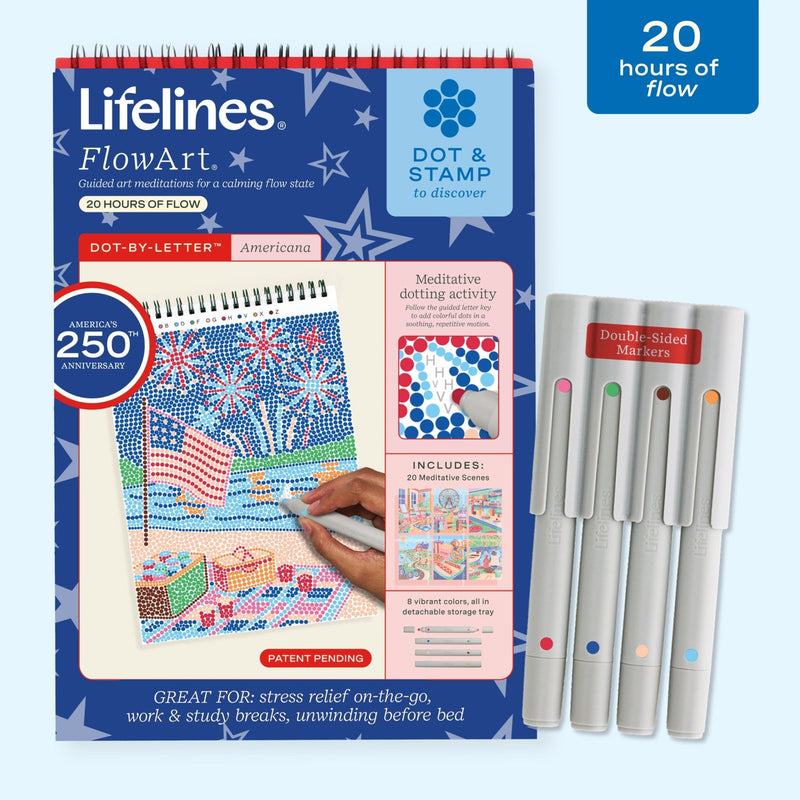Lifelines FlowArt Dot-By-Letter Americana kit with patriotic dotting patterns and markers