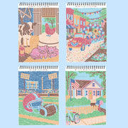 Four spiral-bound dot art activity books with Americana themed designs including farm scenes and houses