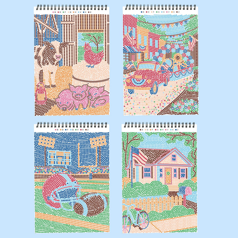 Four spiral-bound dot art activity books with Americana themed designs including farm scenes and houses