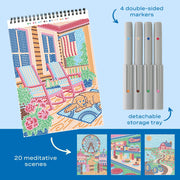 FlowArt dot-by-letter kit with spiral notebook, double-sided markers, and sample meditative scenes