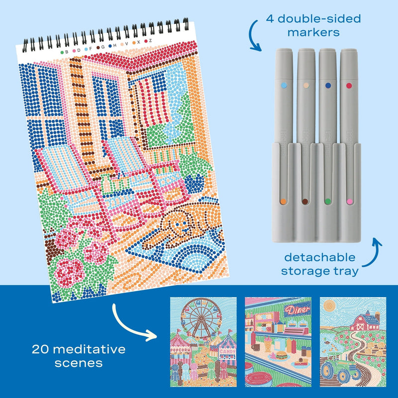 FlowArt dot-by-letter kit with spiral notebook, double-sided markers, and sample meditative scenes