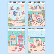 Four spiral-bound dot-by-letter activity books showing beach-themed dotted art designs