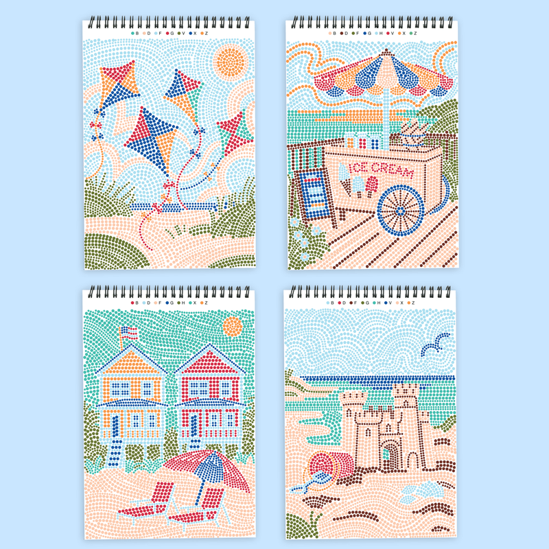 Four spiral-bound dot-by-letter activity books showing beach-themed dotted art designs