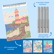 FlowArt dot-by-letter art kit with lighthouse scene, markers, and 20 meditative template designs