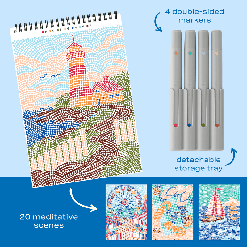 FlowArt dot-by-letter art kit with lighthouse scene, markers, and 20 meditative template designs