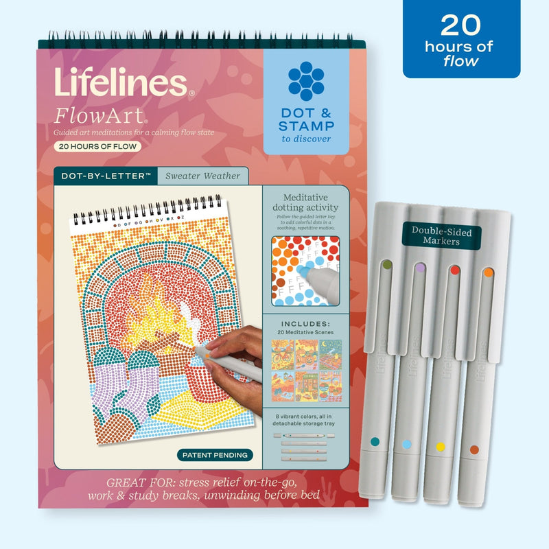 Lifelines FlowArt Dot-by-Letter Sweater Weather kit with double-sided markers on light blue background