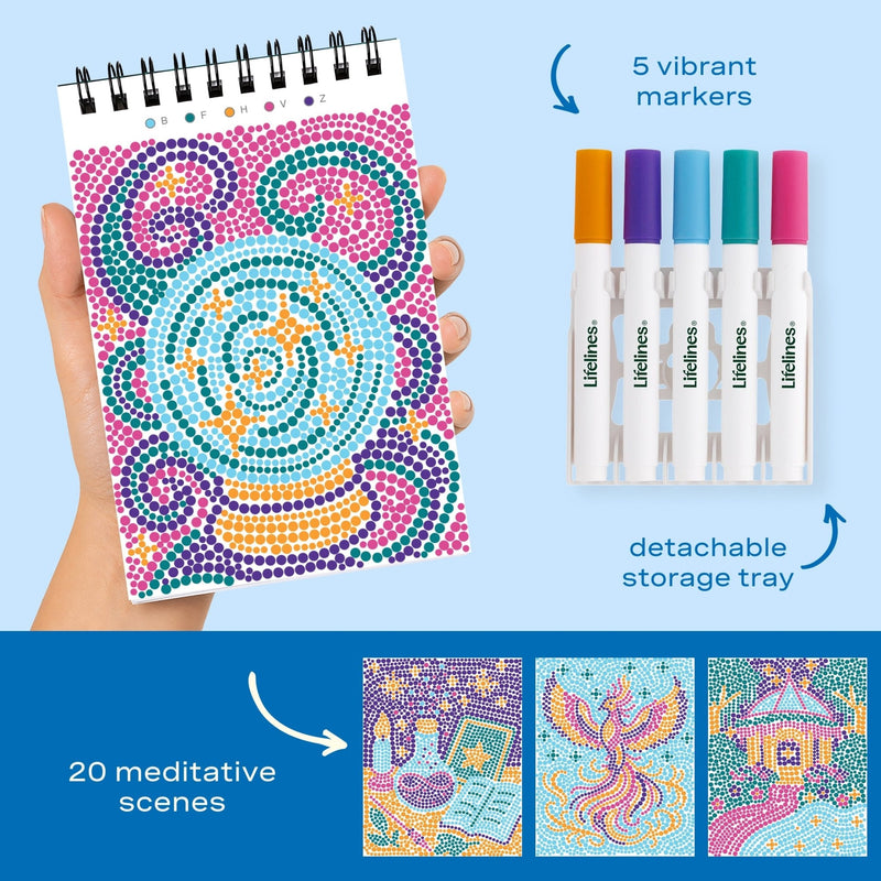 FlowArt Mini dot art kit with spiral notebook, 5 vibrant markers and meditative scene examples