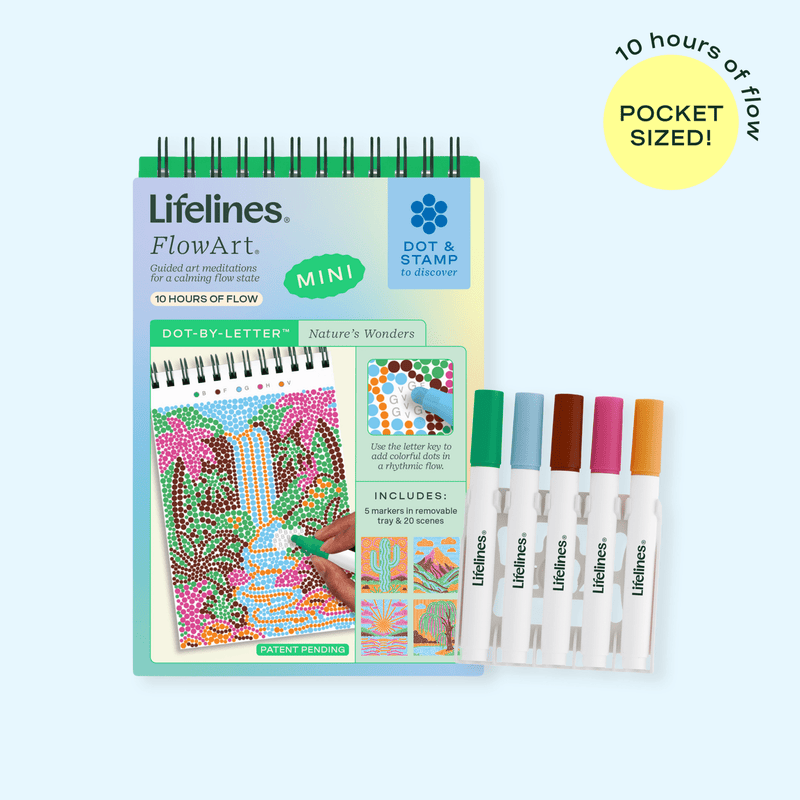 Lifelines FlowArt Mini Nature's Wonders dot-by-letter activity book with five color markers
