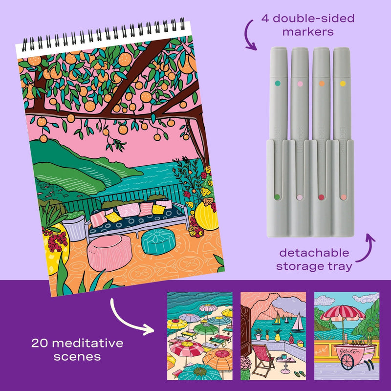 Lifelines FlowArt Citrus Coastlines coloring pad with 4 double-sided markers and detachable storage tray