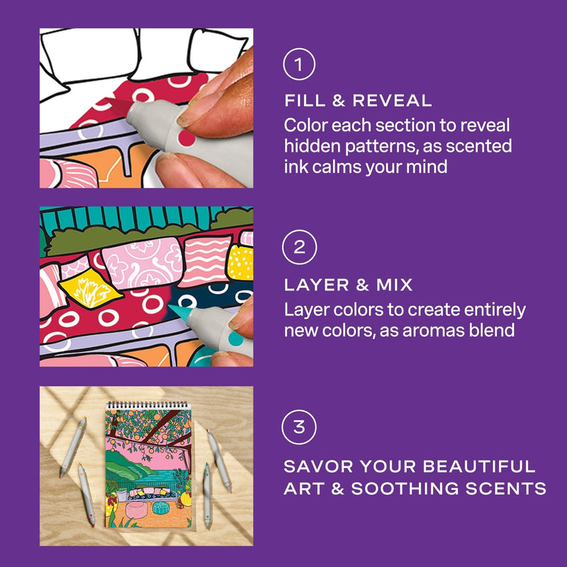 Three-step instructional infographic for FlowArt scented color-to-reveal coloring book