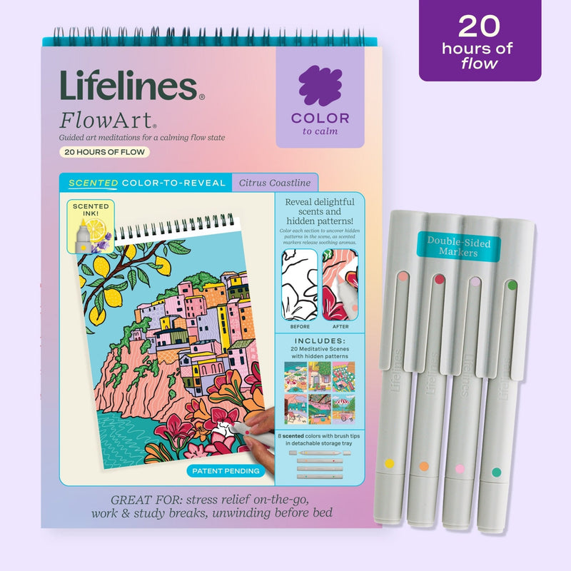 Lifelines FlowArt Color-to-Reveal Citrus Coastline coloring book with double-sided scented markers
