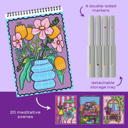 Lifelines FlowArt coloring pad with floral scenes, 4 double-sided markers and detachable storage tray