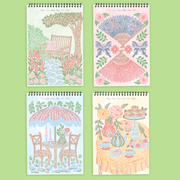 Four spiral notebooks with colorful line-art illustrations of garden and brunch scenes