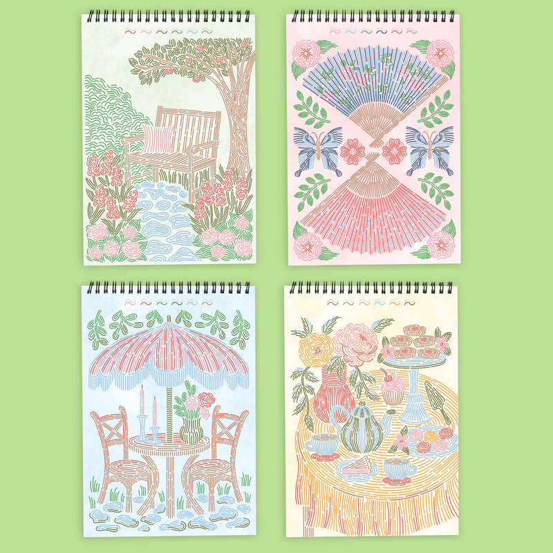 Four spiral notebooks with colorful line-art illustrations of garden and brunch scenes