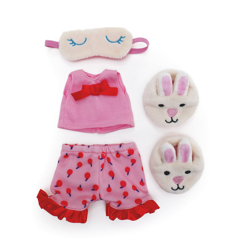 Groovy Girls doll pajama set with pink top, cherry shorts, bunny slippers, and sleep mask