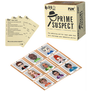 Prime Suspect board game box, suspect cards, and clue cards on white background