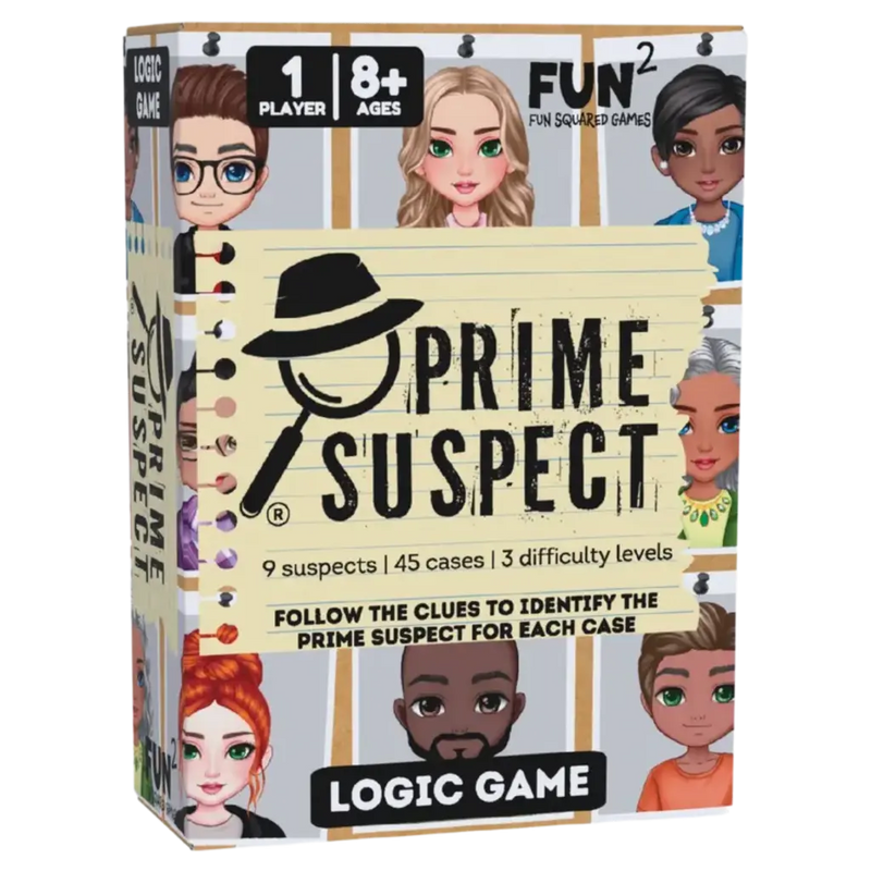 Prime Suspect logic game box by Fun Squared Games for 1 player ages 8+