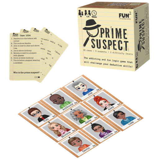 Prime Suspect board game box, suspect cards, and clue cards on white background