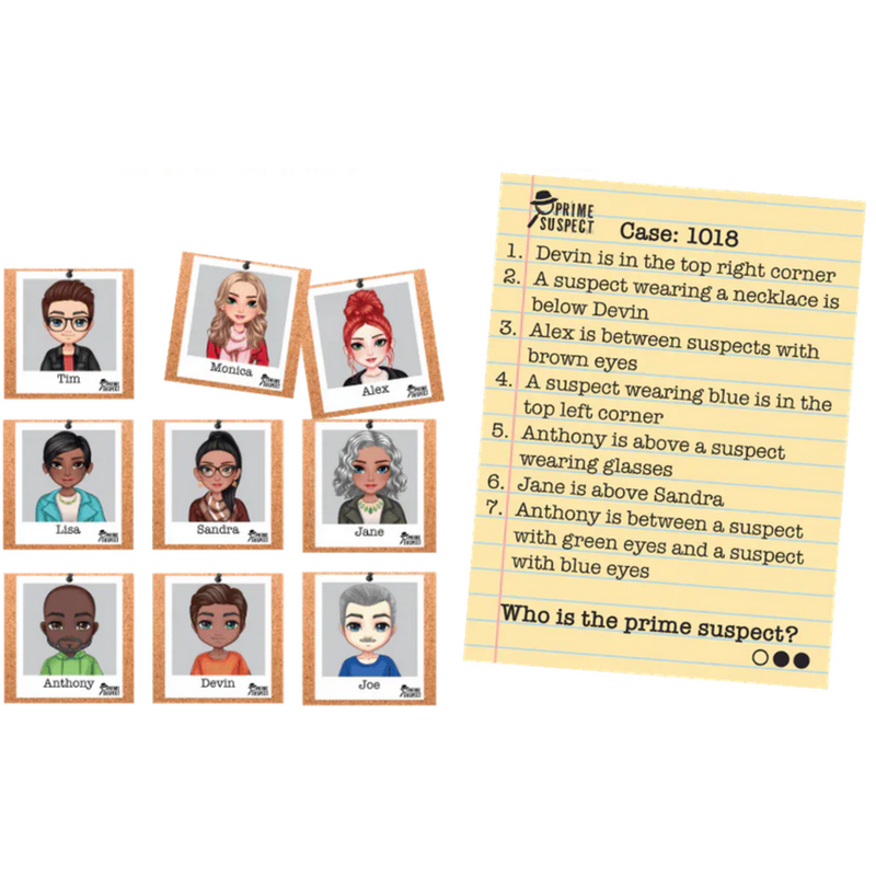 Prime Suspect game showing character cards and Case 1018 clue sheet with suspects